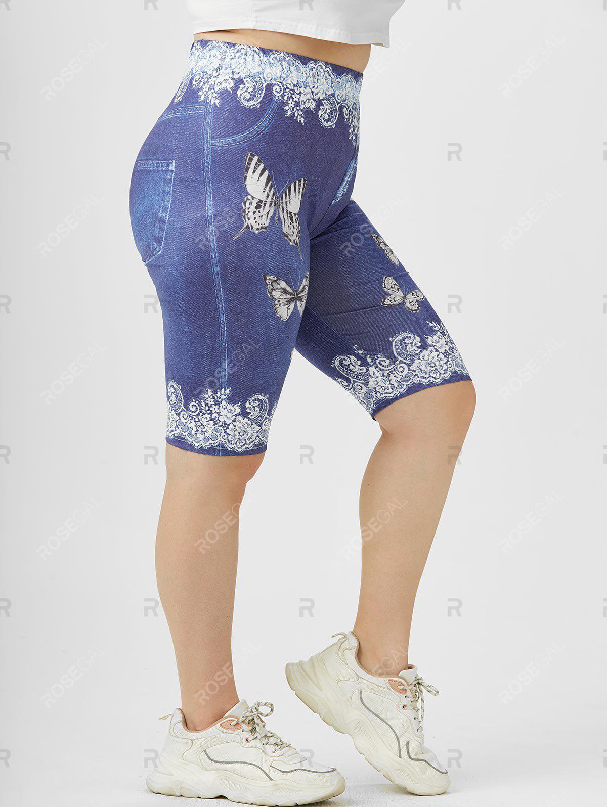 Plus Size 3D Denim Lace Butterfly Print Knee Length Shorts