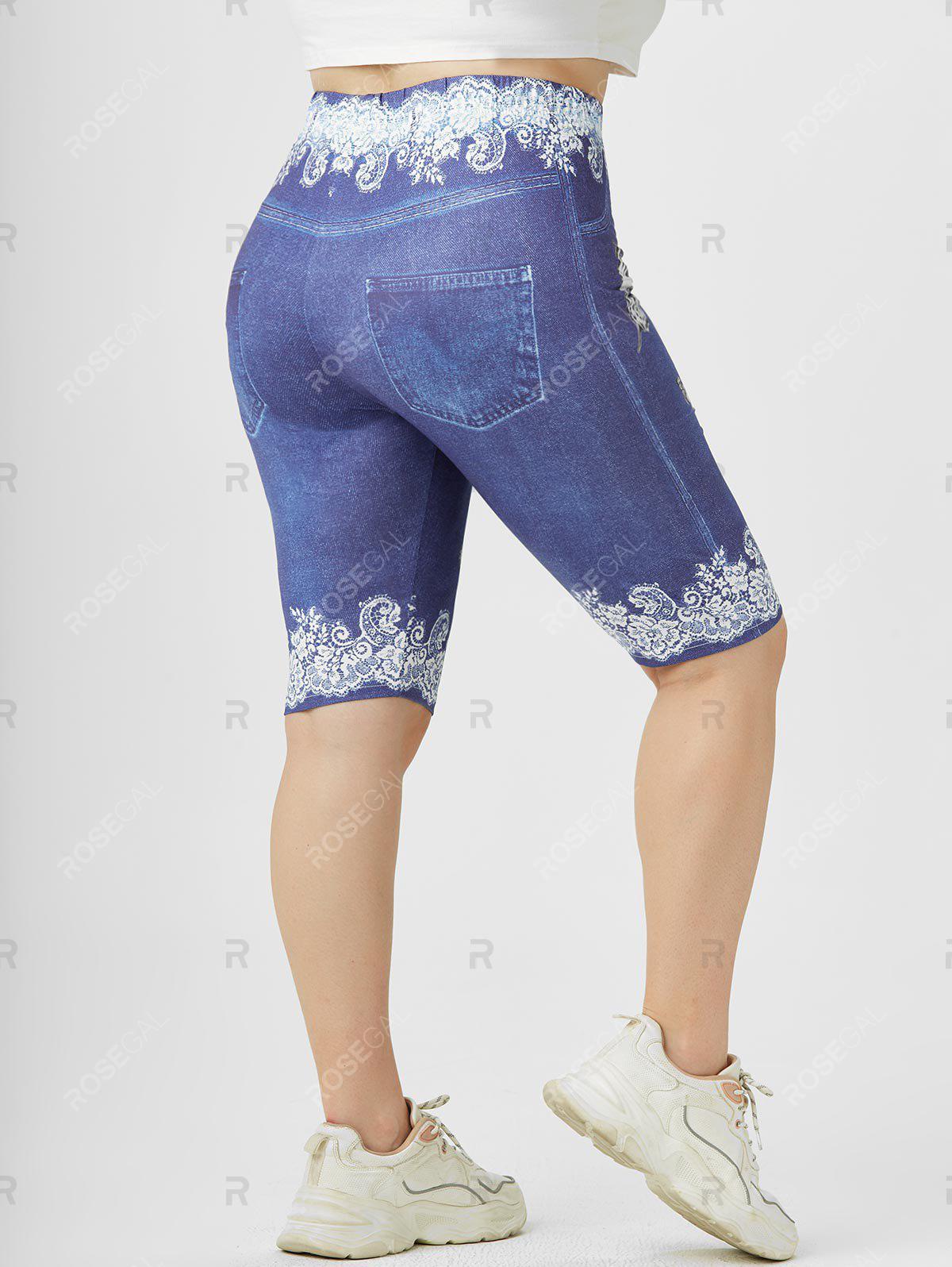 Plus Size 3D Denim Lace Butterfly Print Knee Length Shorts