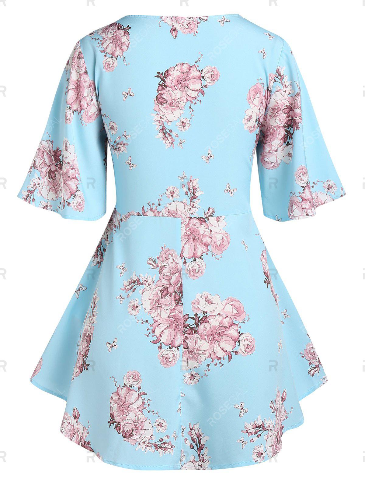 Plus Size & Curve Bell Sleeve Floral Print Blouse