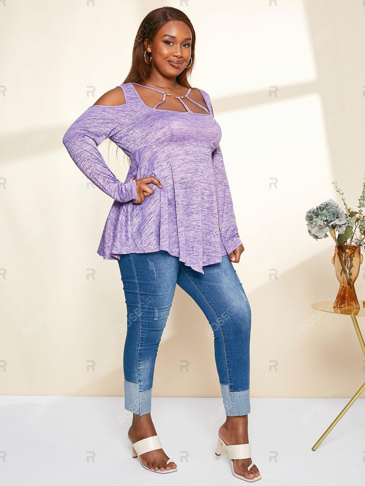 Plus Size Space Dye Chain Cold Shoulder Cutout Tunic Top