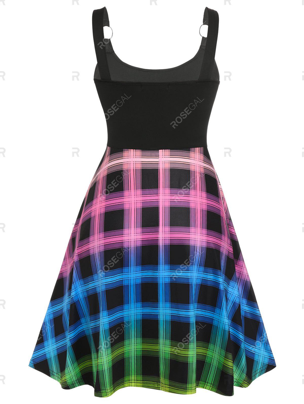 Plus Size Colorful Plaid O Ring Flare 1950s Dress