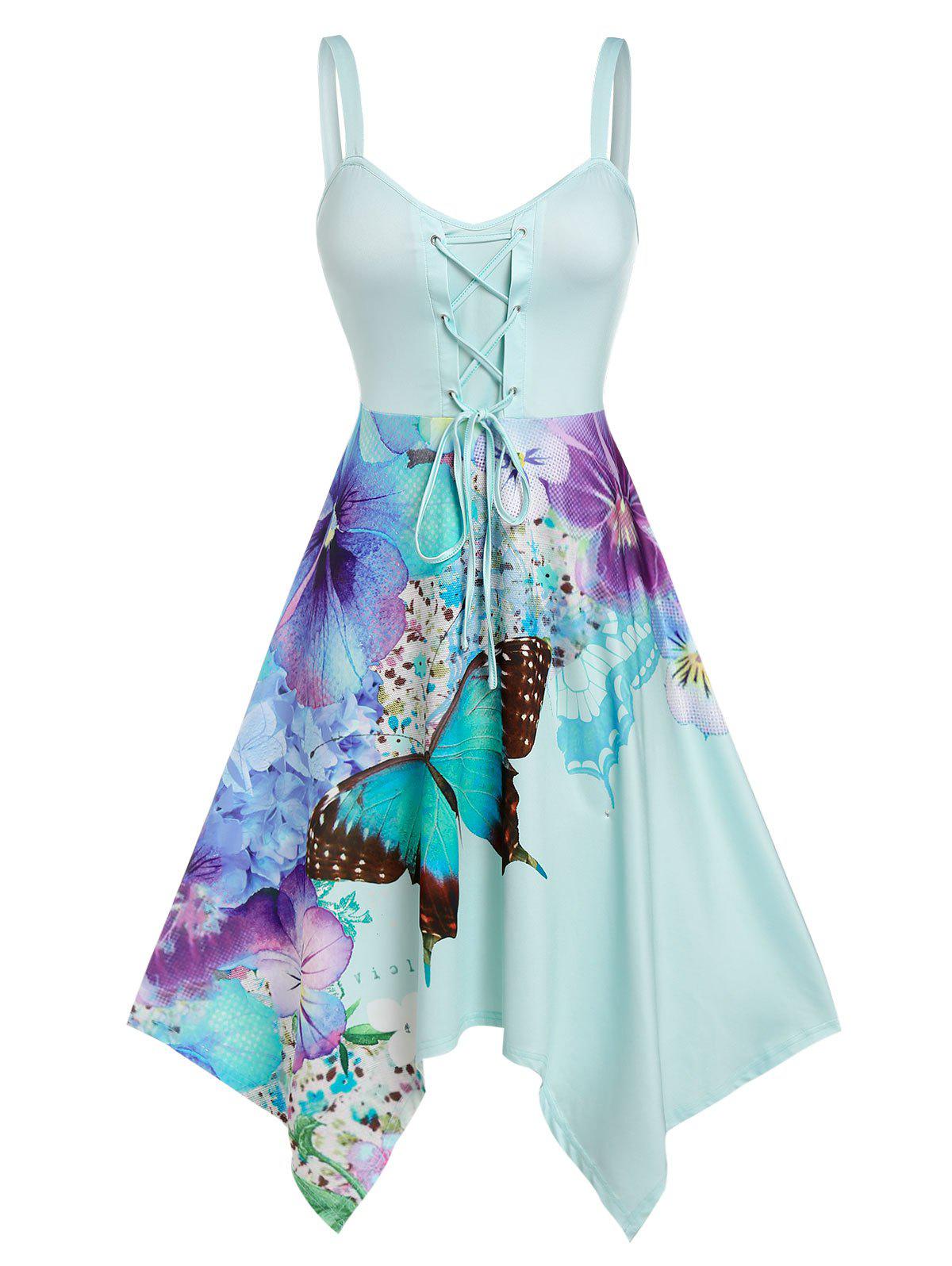 Plus Size Butterfly Print Lace Up Handkerchief Dress