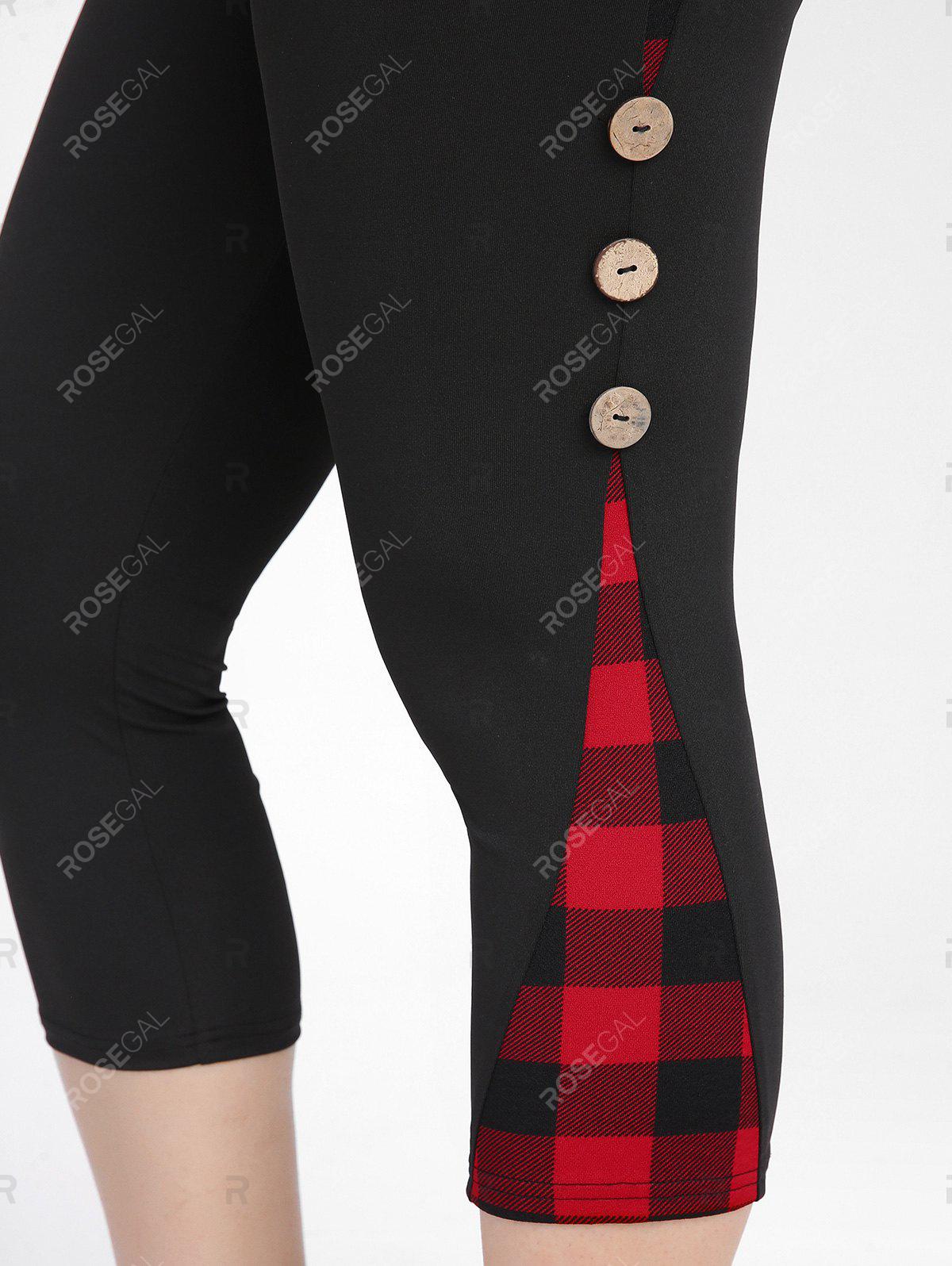 Plus Size Plaid Panel Buttoned Capri Leggings