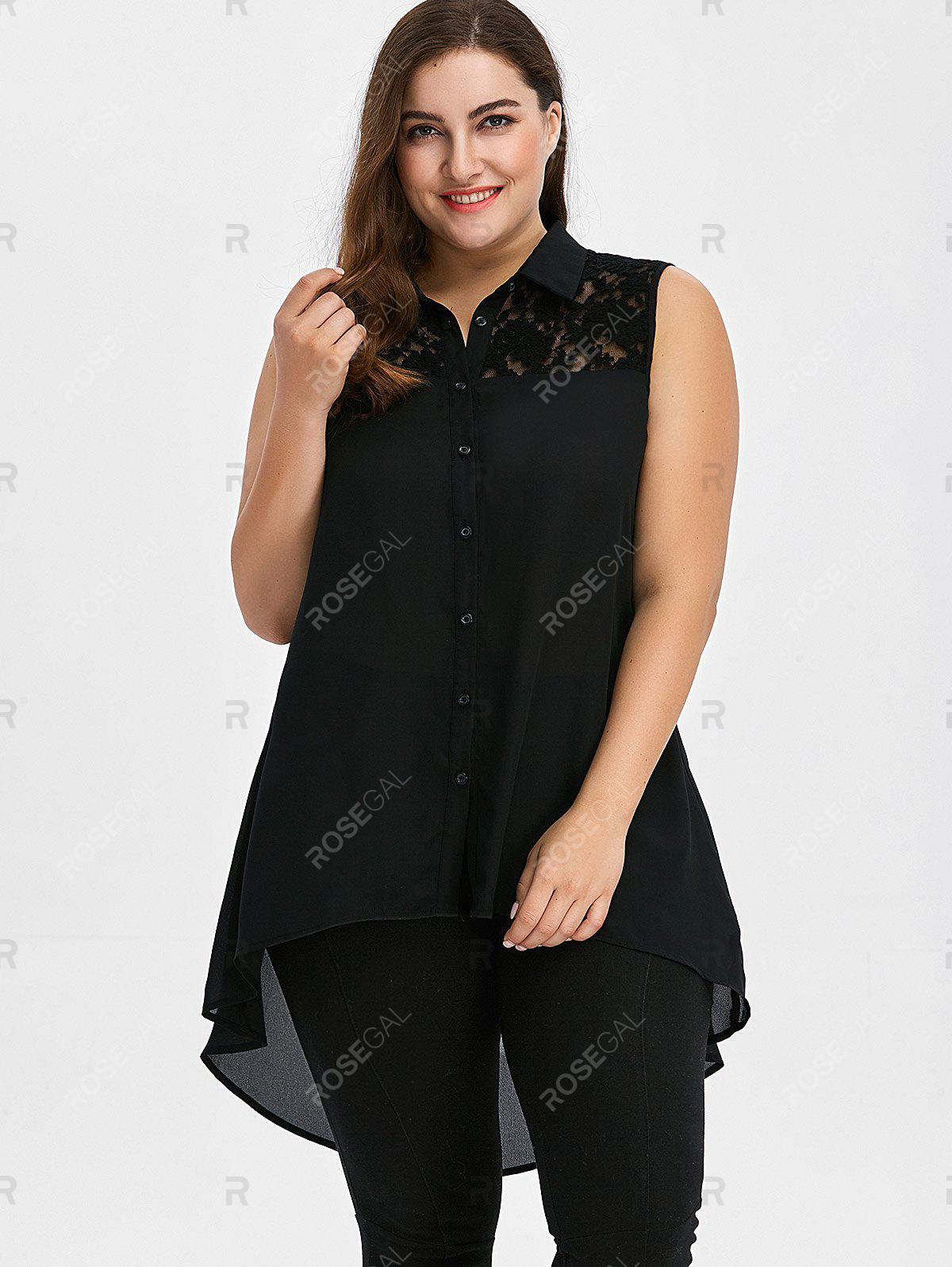 Plus Size & Curve Lace Insert High Low Sleeveless Shirt