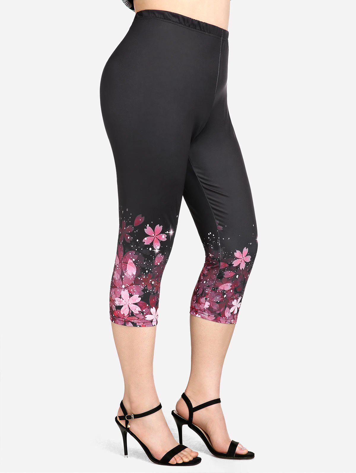 Plus Size High Waist Floral Print Capri Leggings