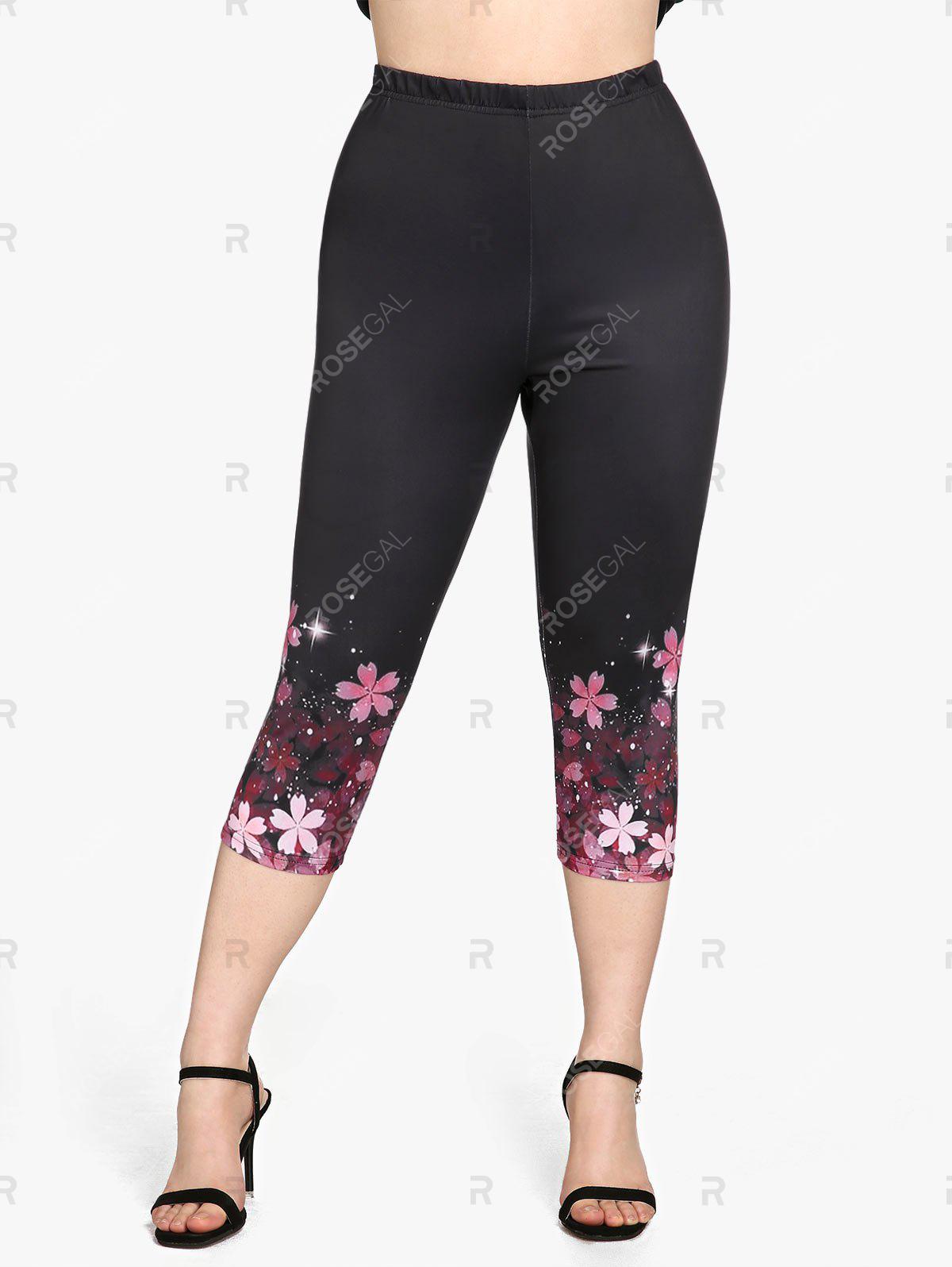 Plus Size High Waist Floral Print Capri Leggings