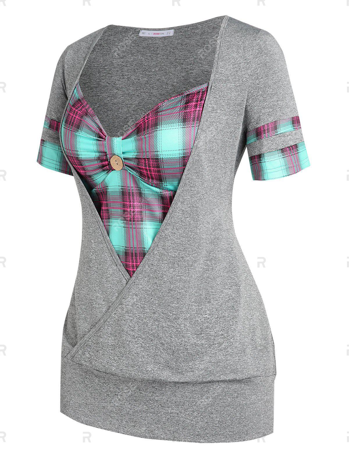 Plus Size & Curve Plaid Sweetheart Neck 2 in 1 Tee