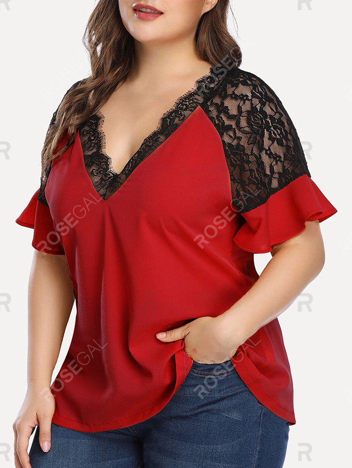 Plus Size & Curve Flutter Sleeve Lace Insert Blouse