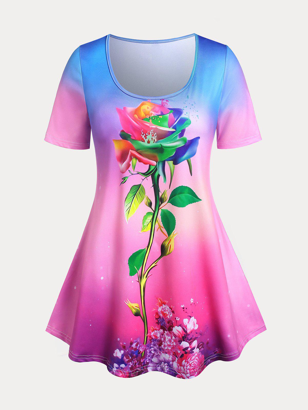 Plus Size&Curve Ombre Color Rose Print Tee