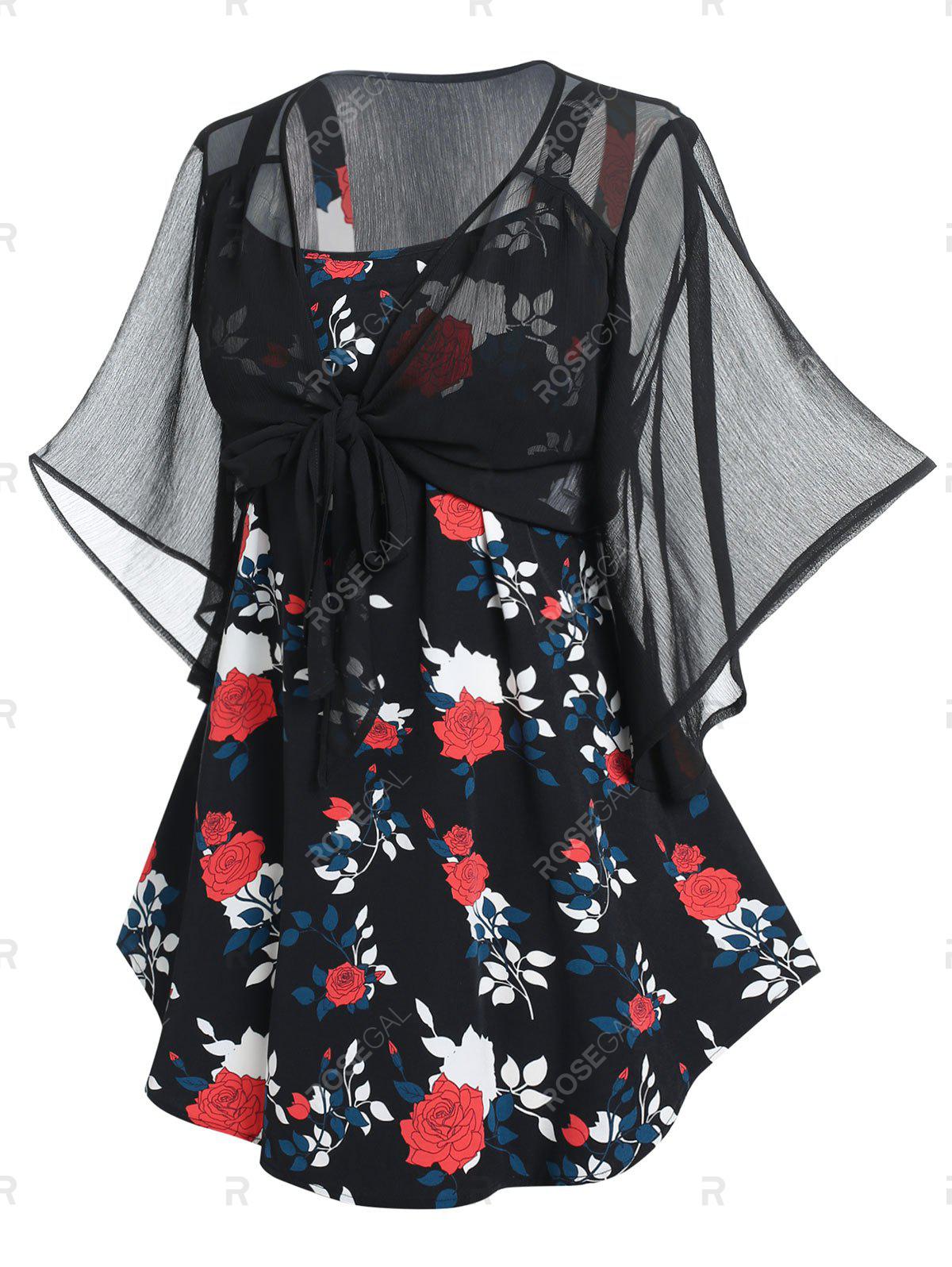 Plus Size & Curve Sheer Mesh Butterfly Sleeve Blouse and Floral Print Tank Top