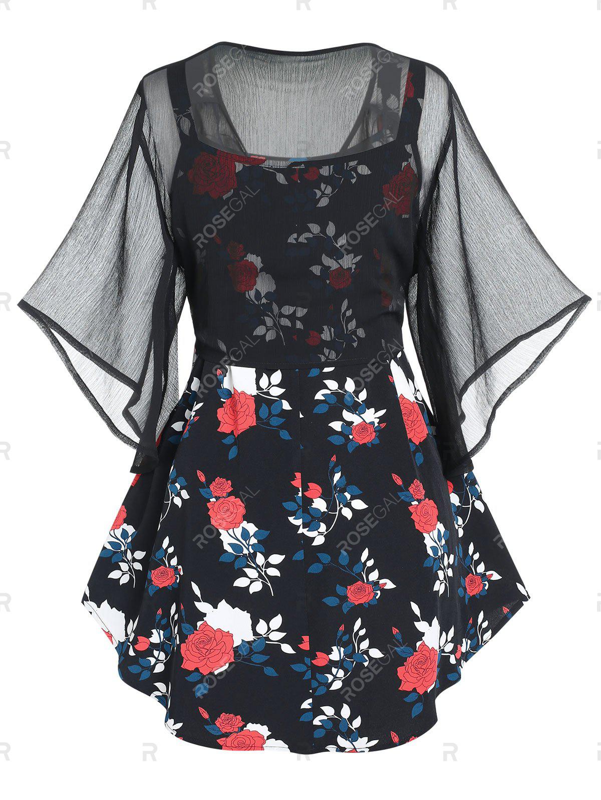 Plus Size & Curve Sheer Mesh Butterfly Sleeve Blouse and Floral Print Tank Top