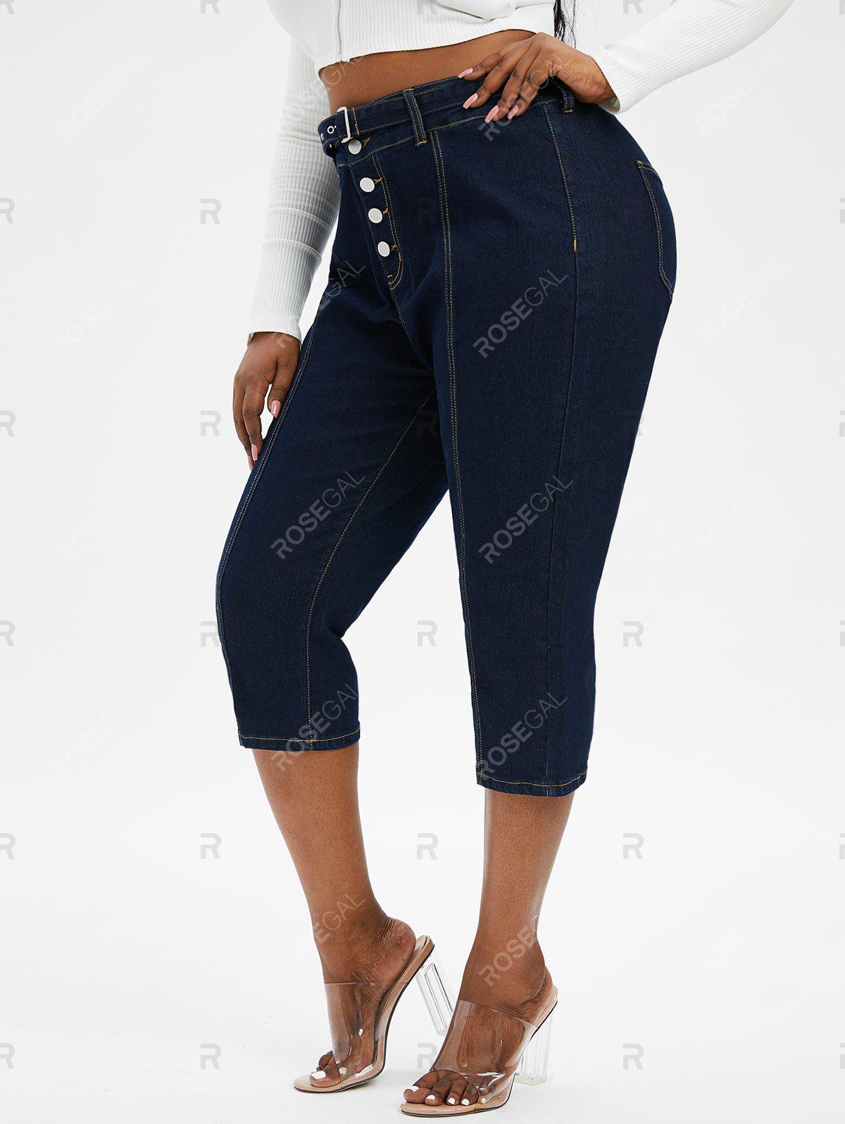 Plus Size & Curve Belted Button Fly Contrast Stitching Jeans