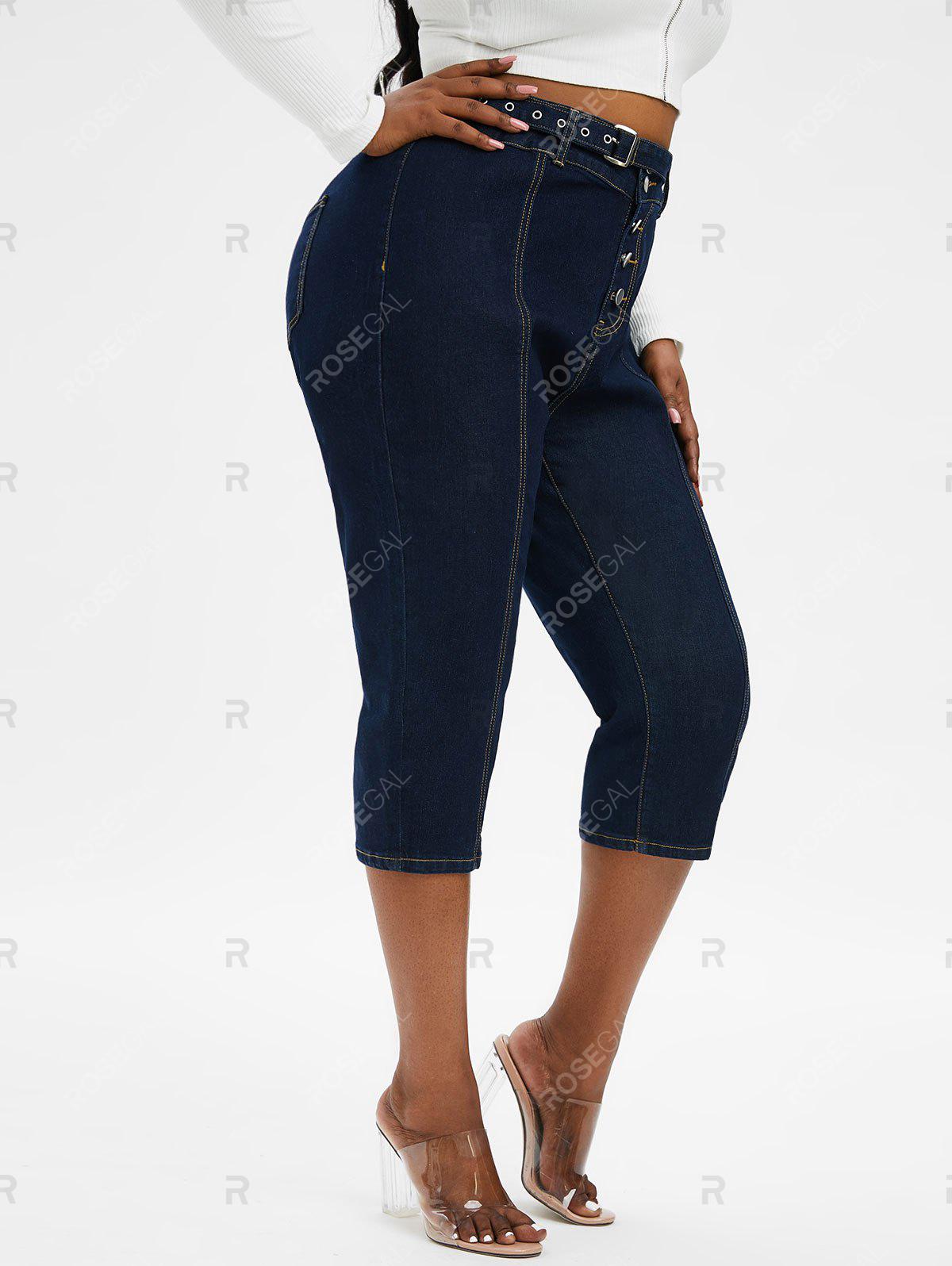 Plus Size & Curve Belted Button Fly Contrast Stitching Jeans