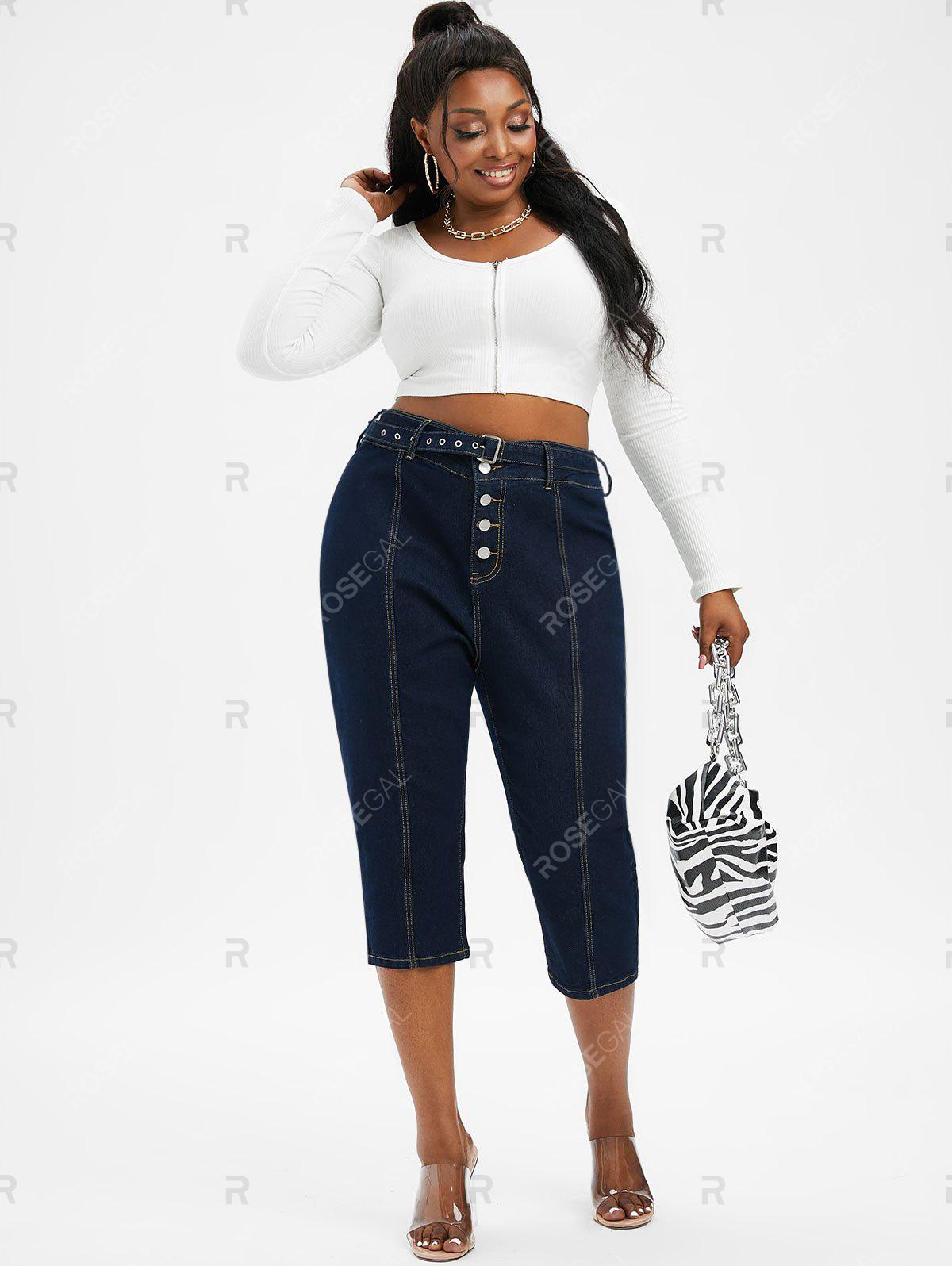 Plus Size & Curve Belted Button Fly Contrast Stitching Jeans