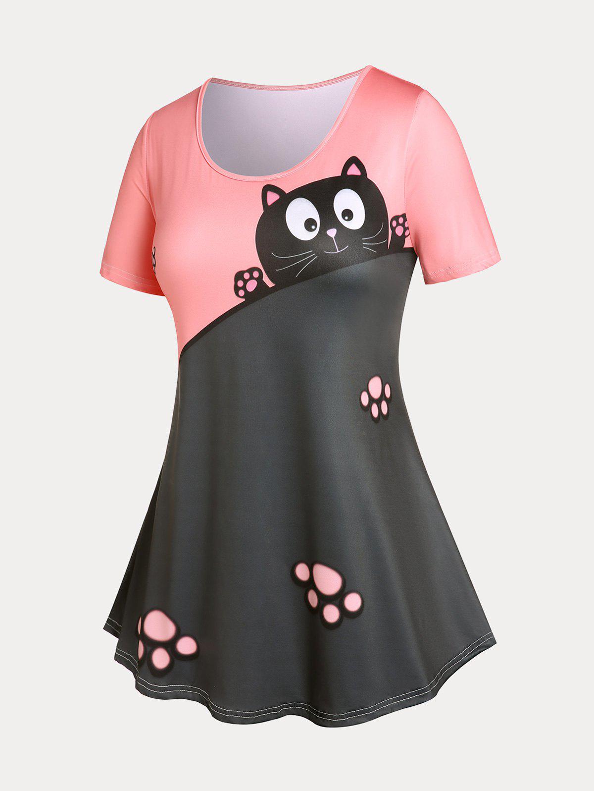 Plus Size & Curve Two Tone Cat Print Short Sleeves Tee