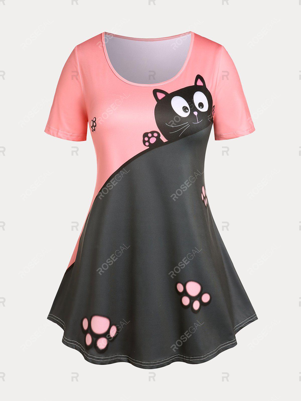 Plus Size & Curve Two Tone Cat Print Short Sleeves Tee