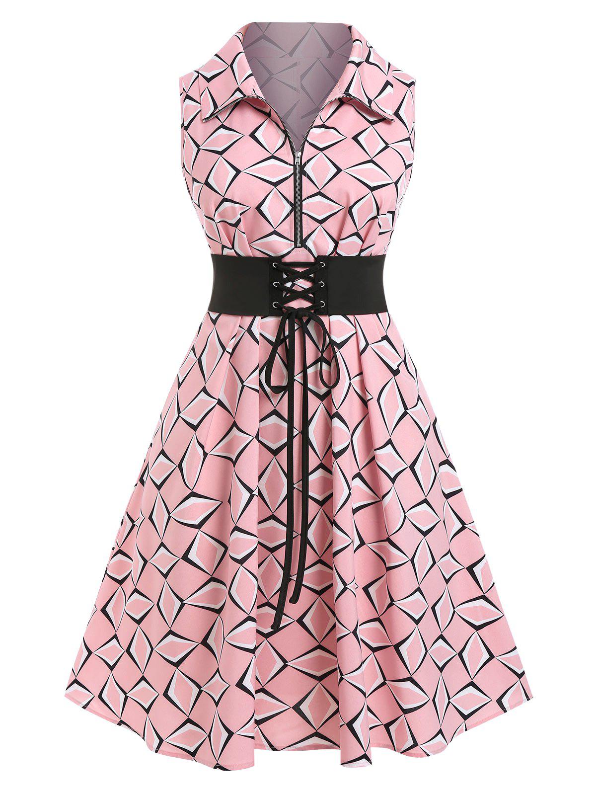 Plus Size Lace-up Geometric Print Zip A Line 1950s Dress