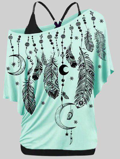 Skew Neck Feather Print T-shirt and Tank Top Plus Size & Curve Set