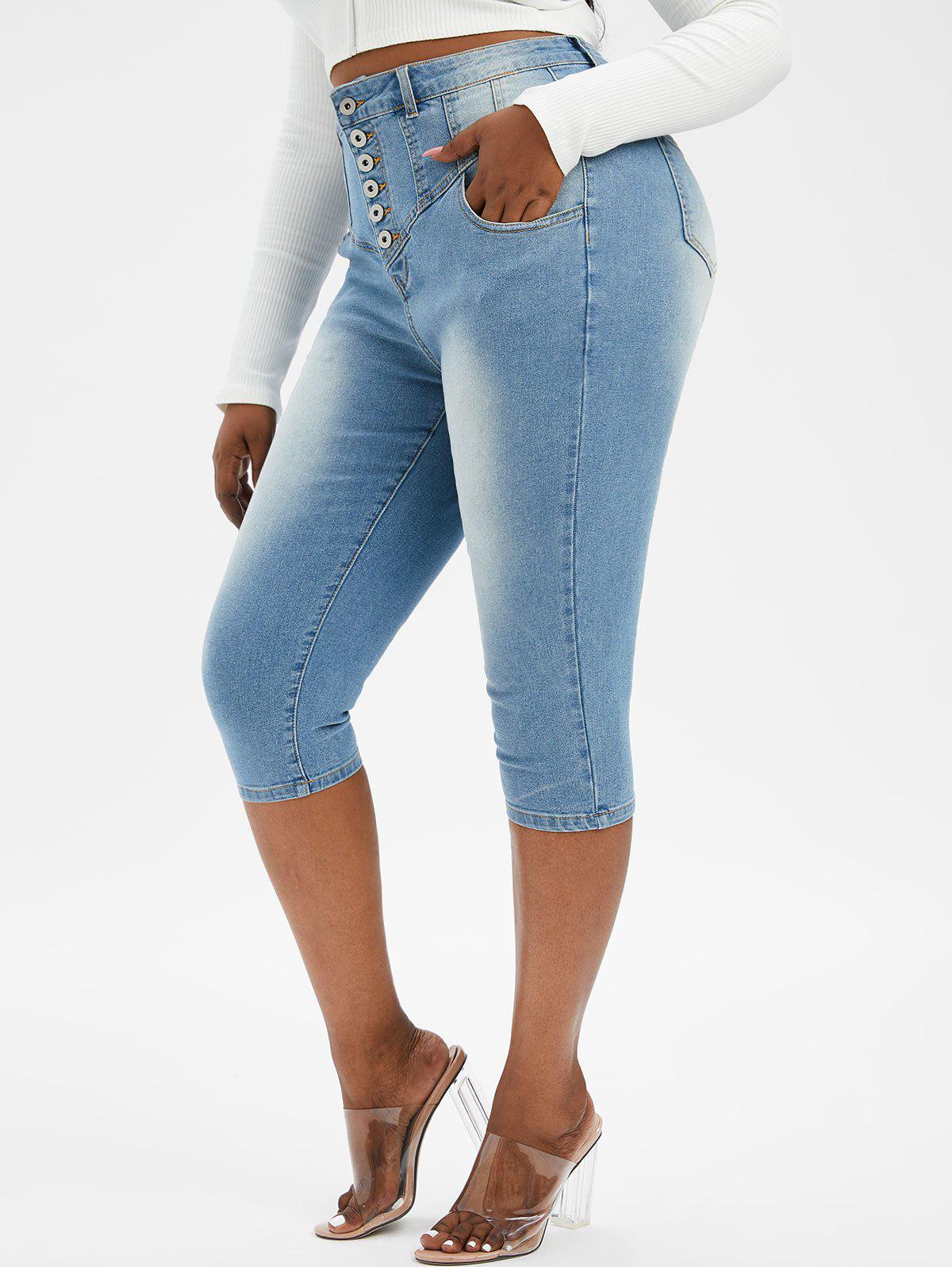 Plus Size Light Wash Button Up Capri Jeans