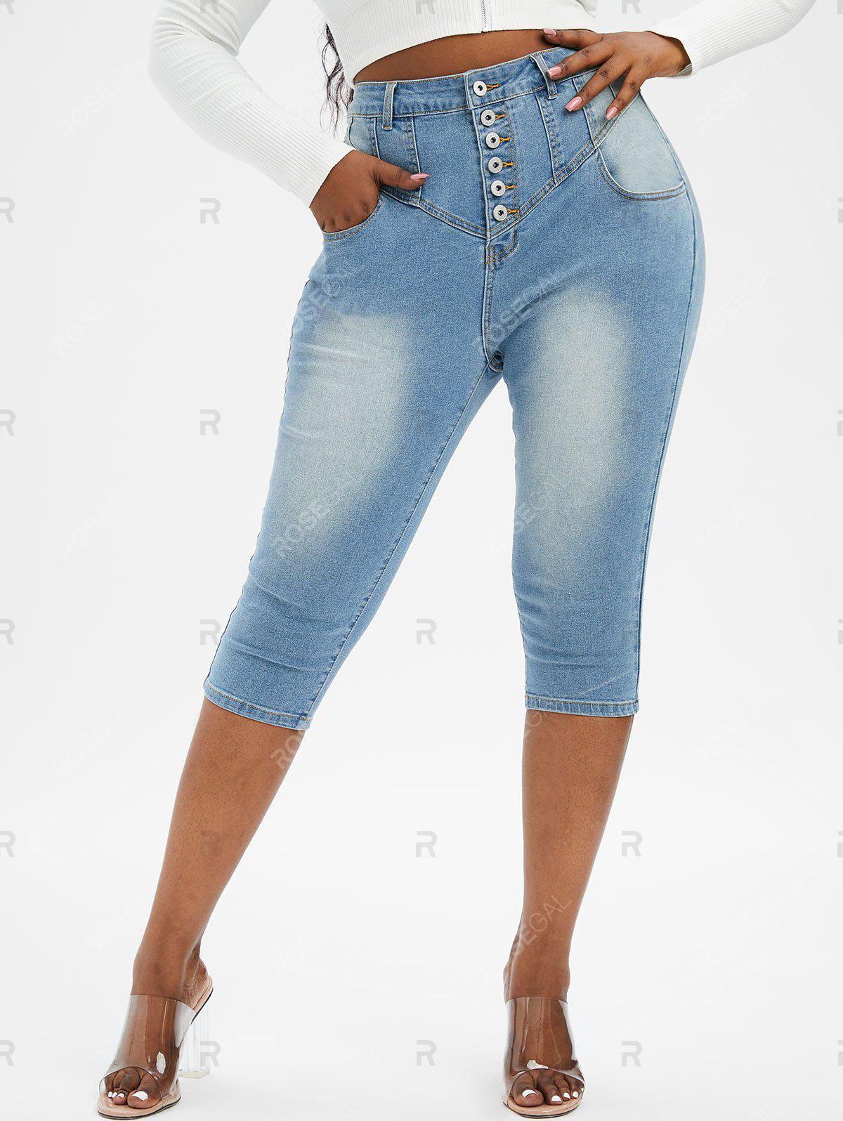 Plus Size Light Wash Button Up Capri Jeans