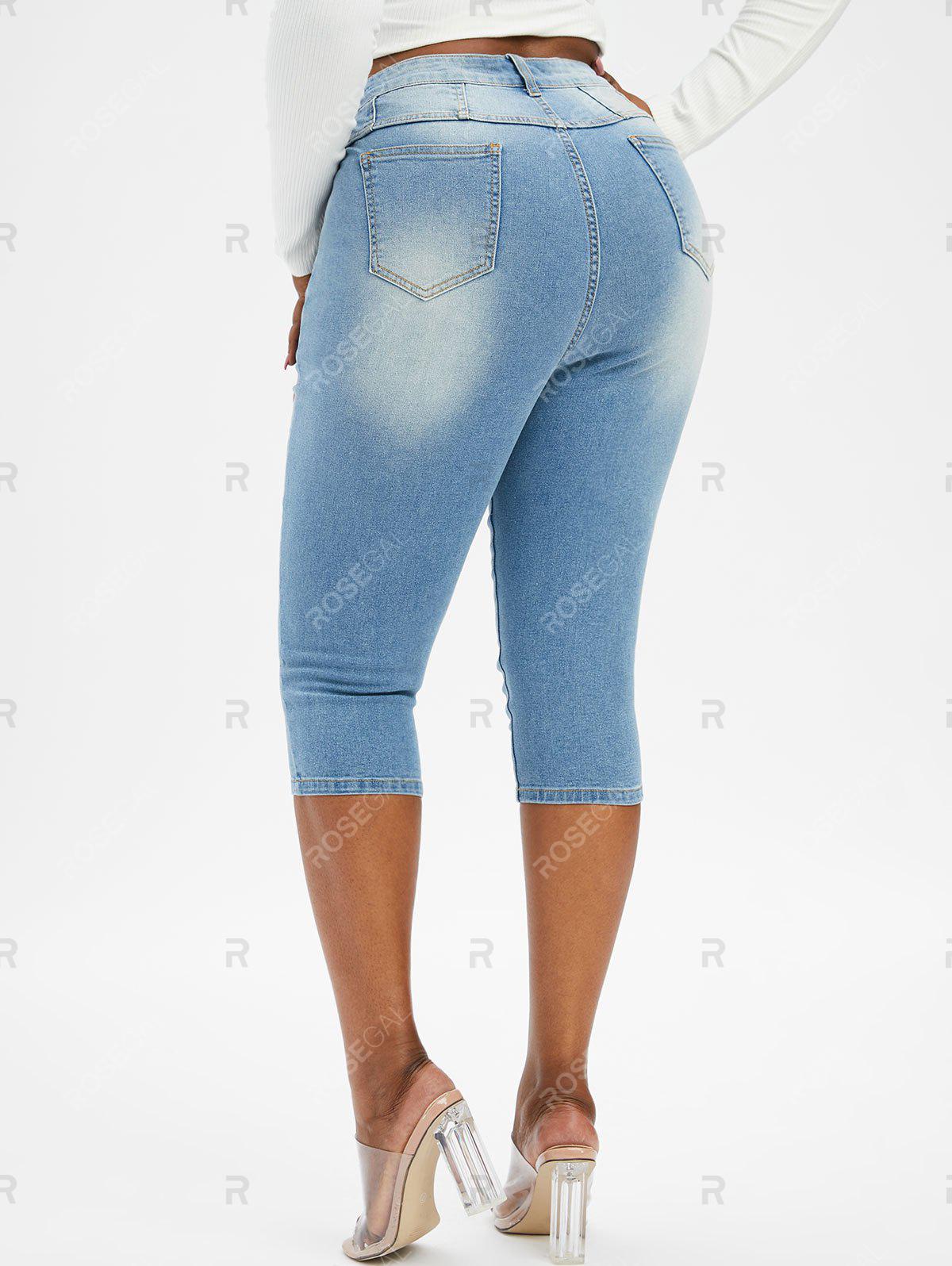 Plus Size Light Wash Button Up Capri Jeans