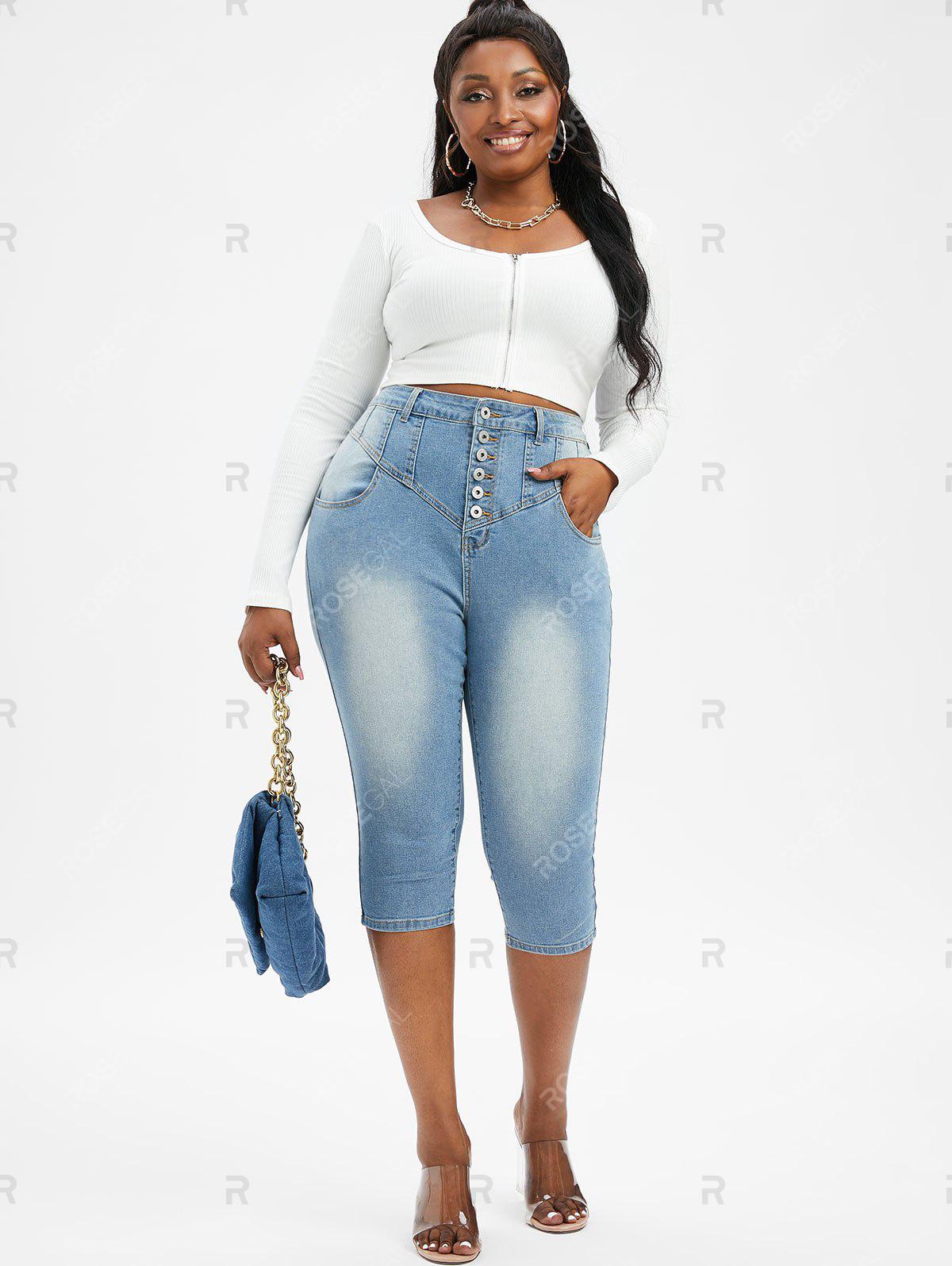 Plus Size Light Wash Button Up Capri Jeans