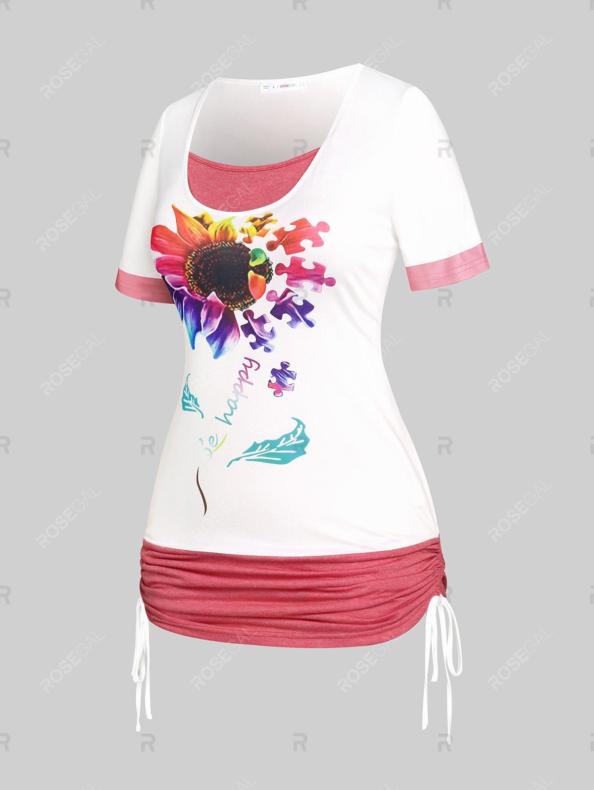 Plus Size Sunflower Print Cinched Ruched Contrast Tee