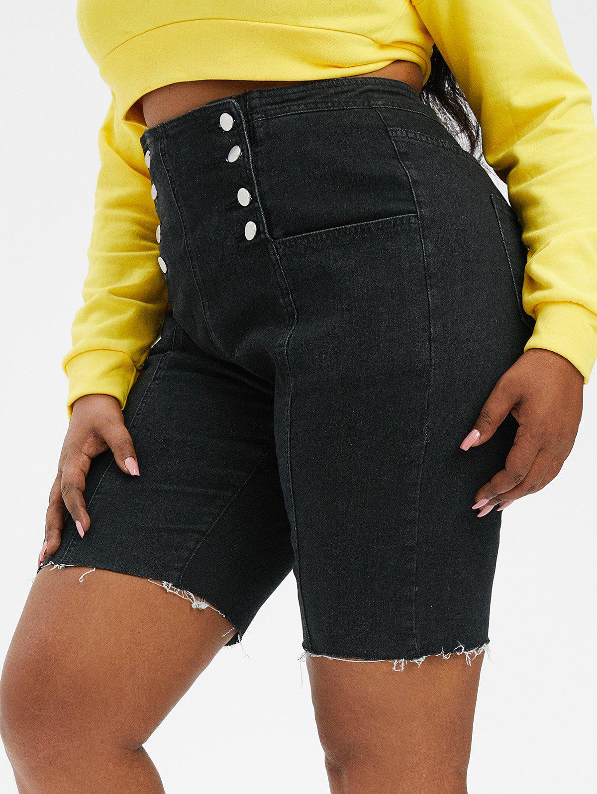 Plus Size & Curve Frayed Double Breasted Denim Biker Shorts