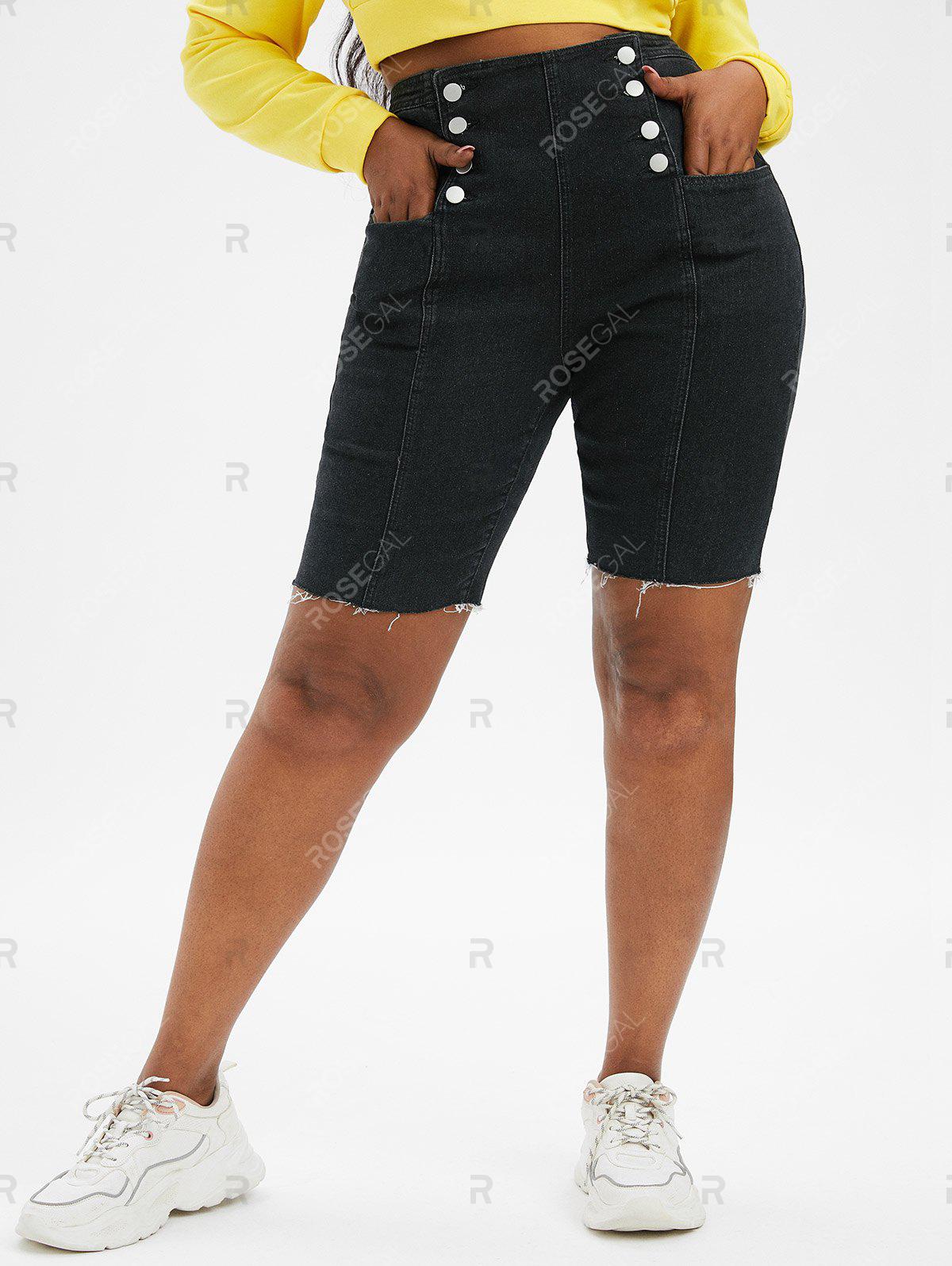 Plus Size & Curve Frayed Double Breasted Denim Biker Shorts