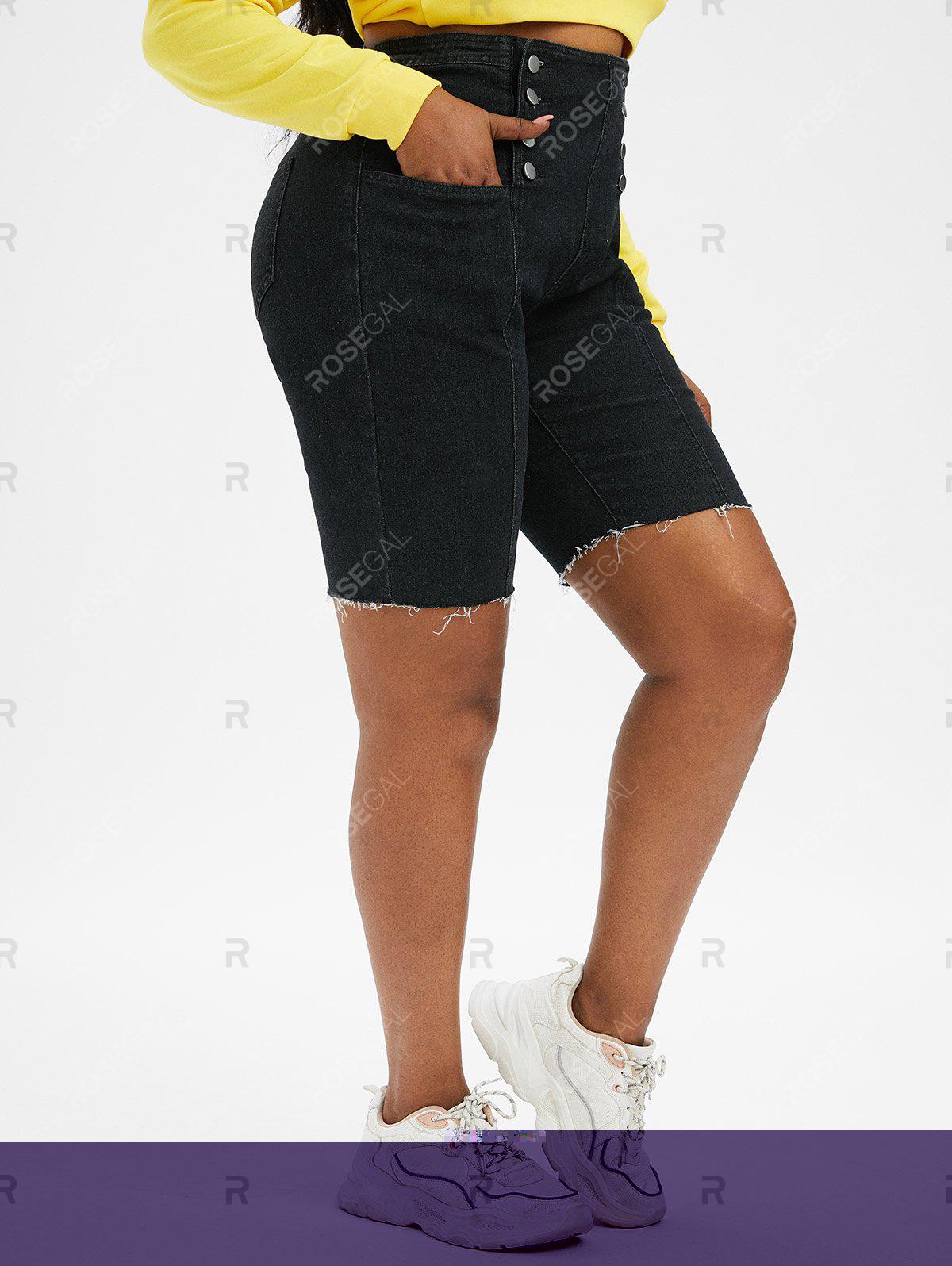 Plus Size & Curve Frayed Double Breasted Denim Biker Shorts