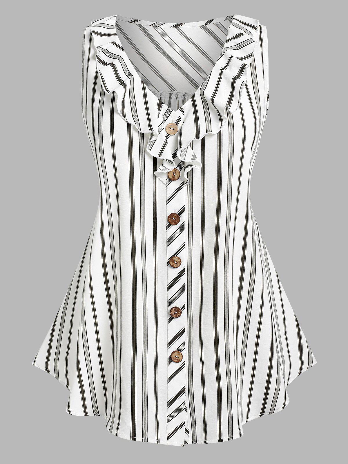 Plus Size & Curve Ruffle Striped Button Front Sleeveless Blouse