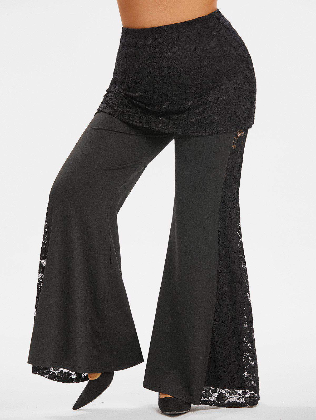 Plus Size&Curve Lace Panel Cinched Flare Wide Leg Pants