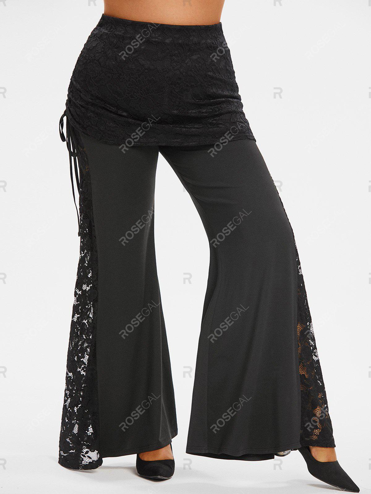 Plus Size&Curve Lace Panel Cinched Flare Wide Leg Pants