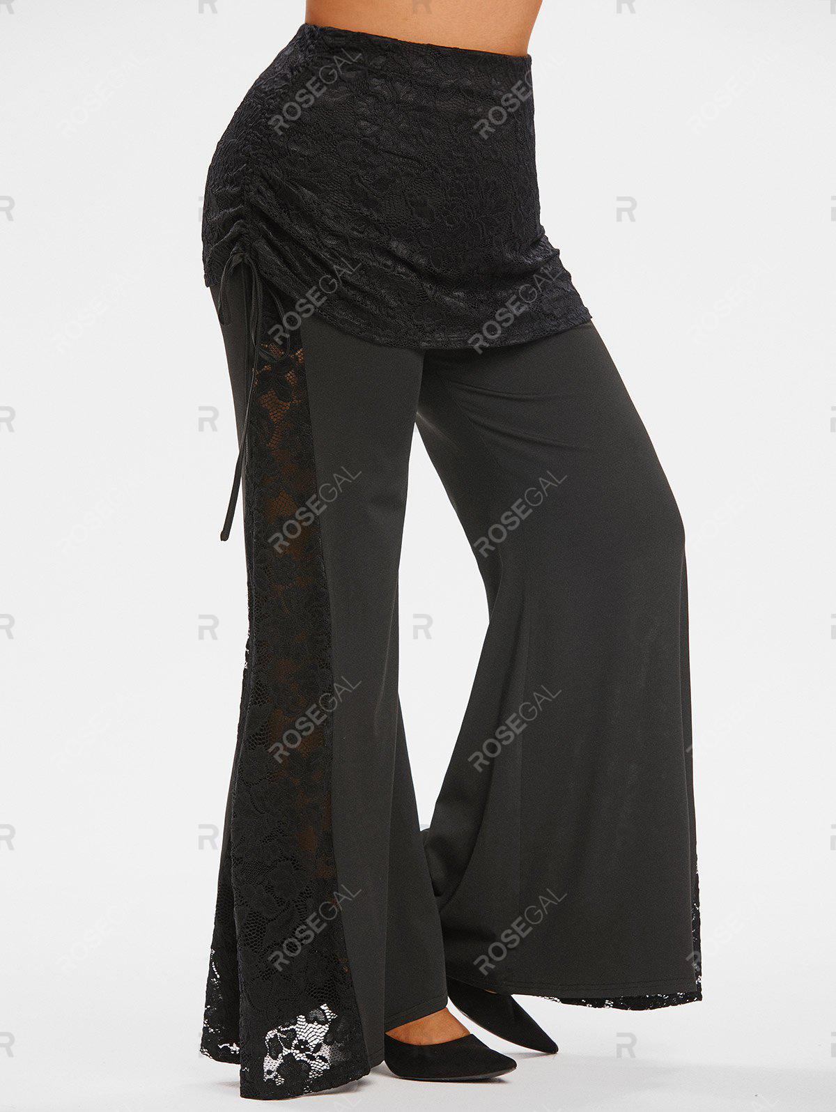 Plus Size&Curve Lace Panel Cinched Flare Wide Leg Pants