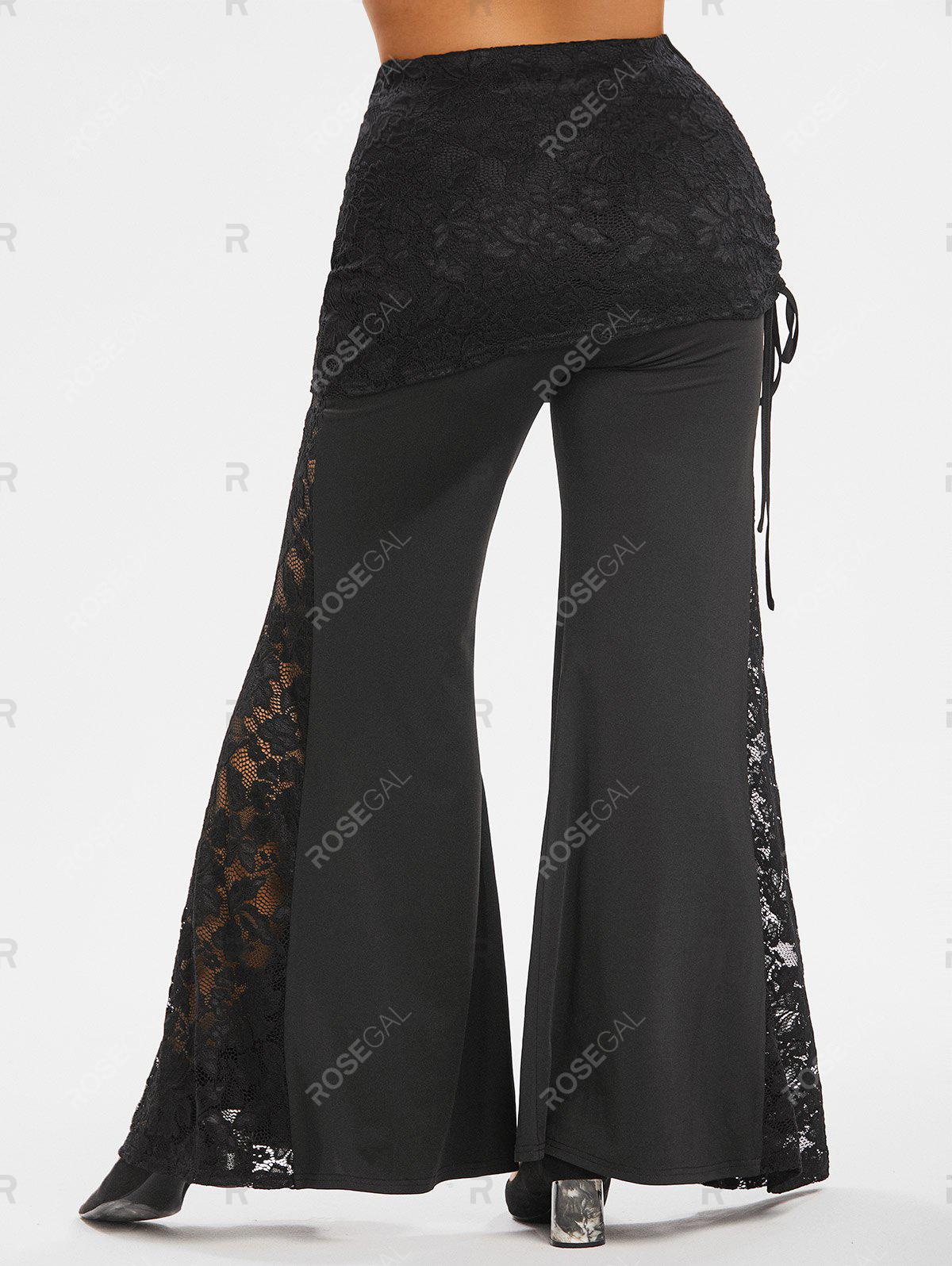 Plus Size&Curve Lace Panel Cinched Flare Wide Leg Pants