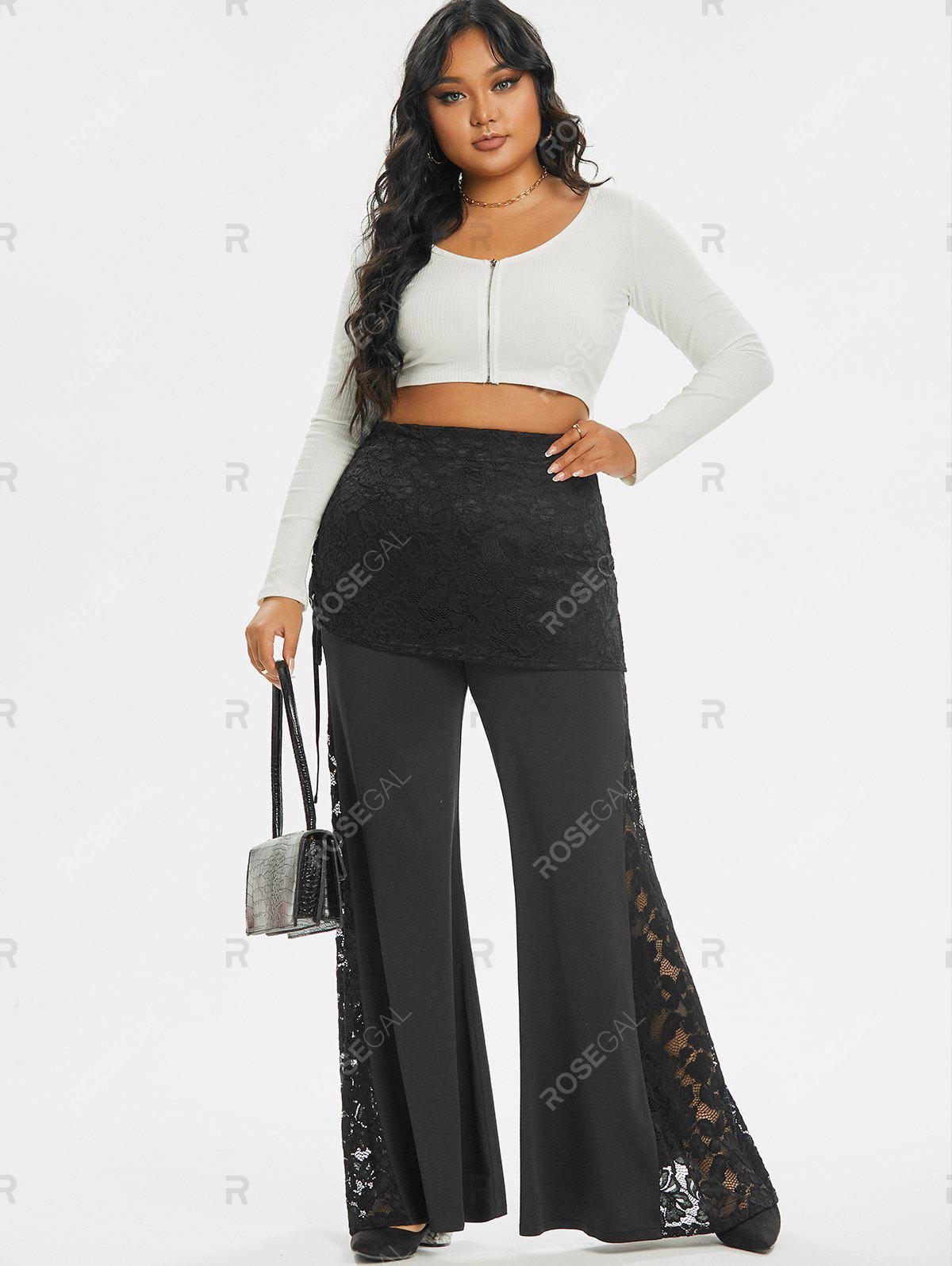 Plus Size&Curve Lace Panel Cinched Flare Wide Leg Pants