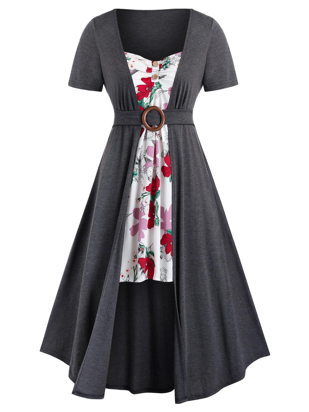 Plus Size Flower Print Splicing Sweetheart Neck Dress