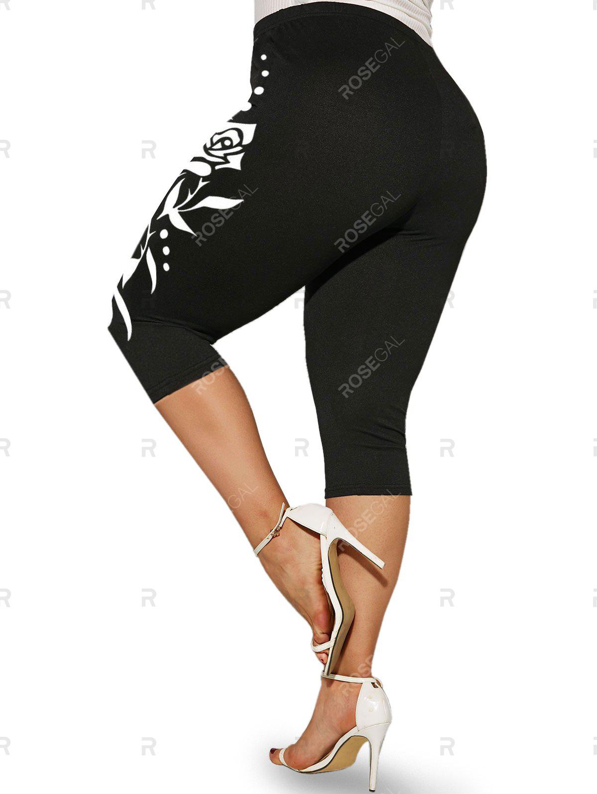 Plus Size & Curve High Waist Monochrome Butterfly Rose Print Capri Leggings