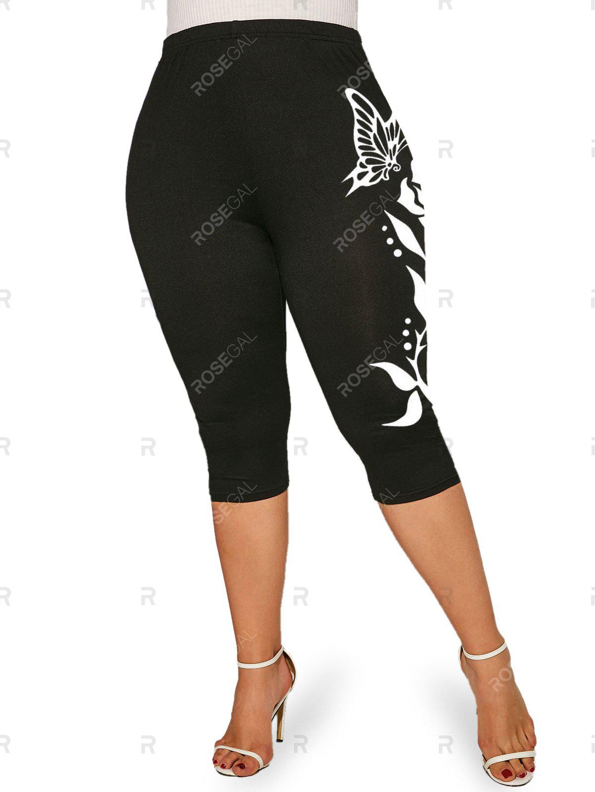 Plus Size & Curve High Waist Monochrome Butterfly Rose Print Capri Leggings