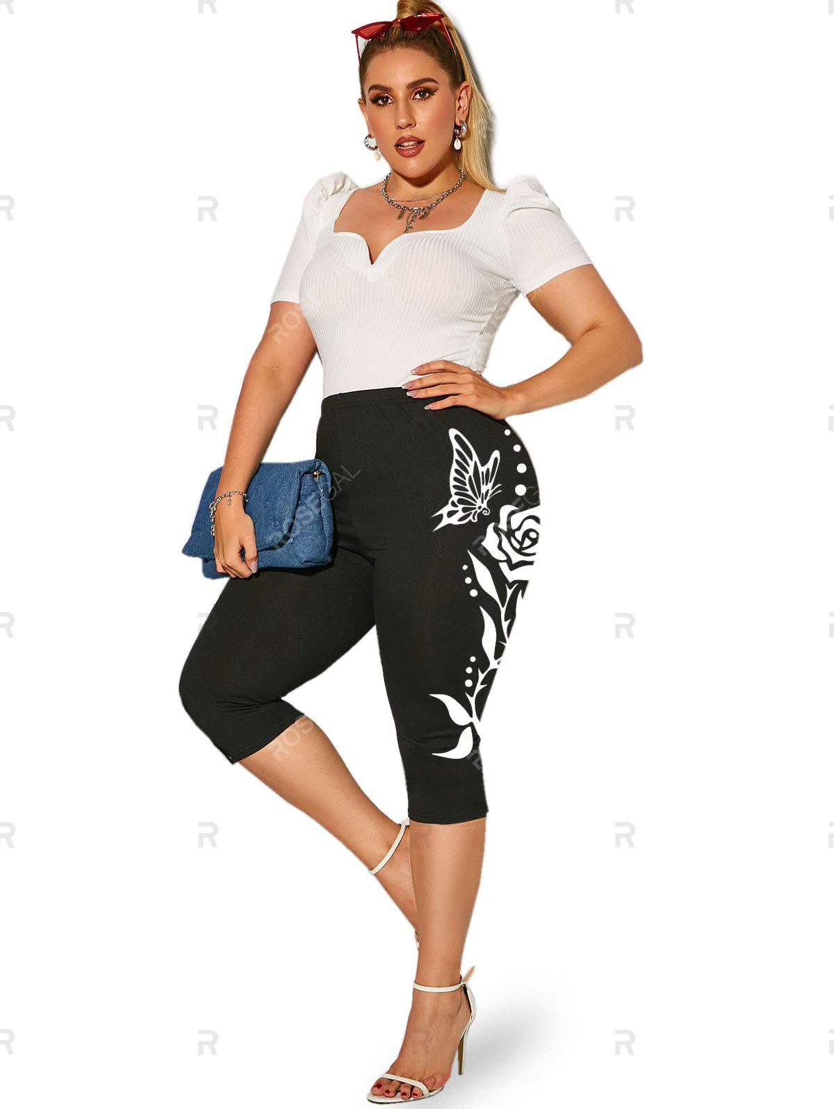 Plus Size & Curve High Waist Monochrome Butterfly Rose Print Capri Leggings