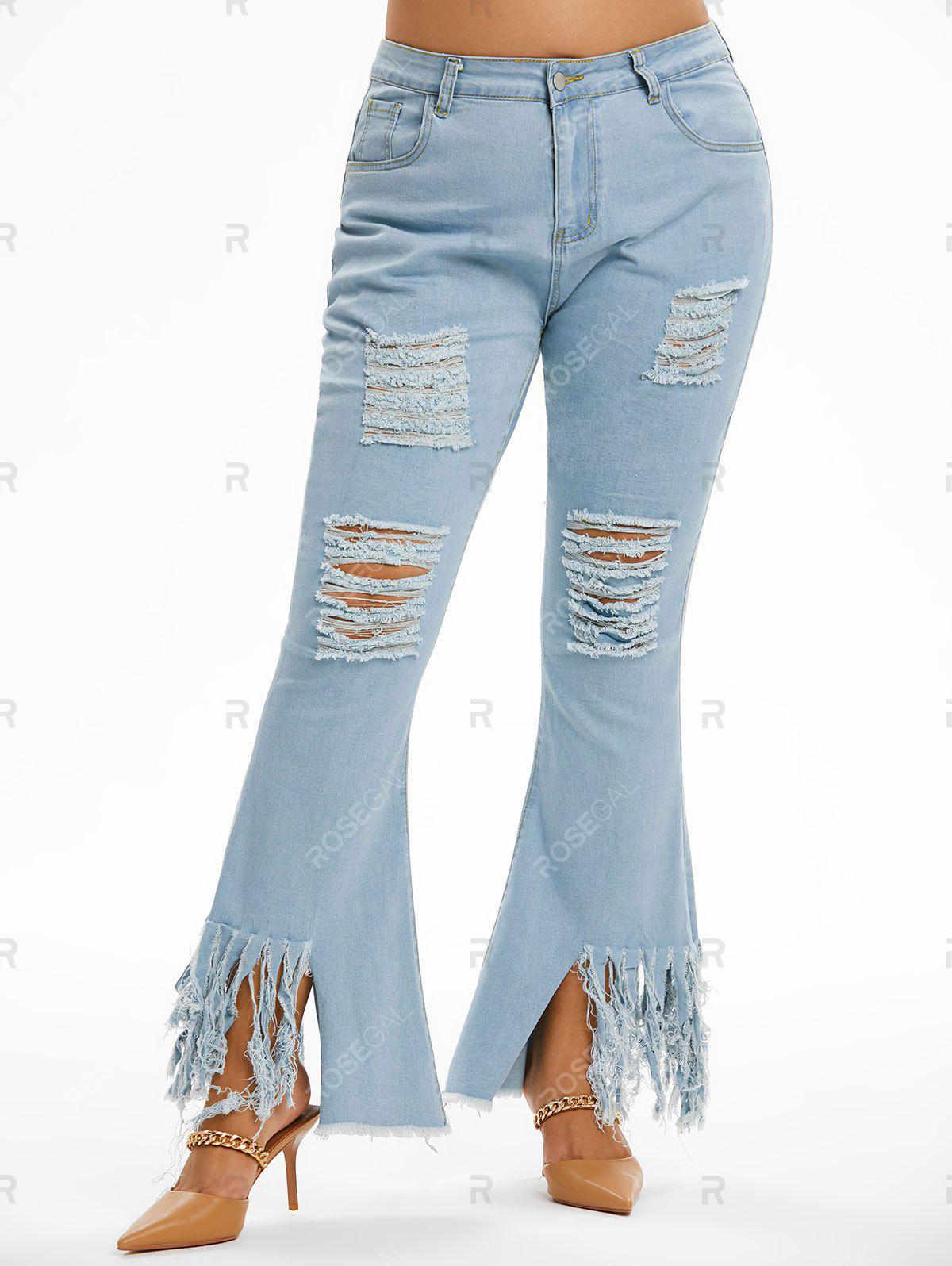 Plus Size & Curve Distressed Fringed Bell Bottom Jeans