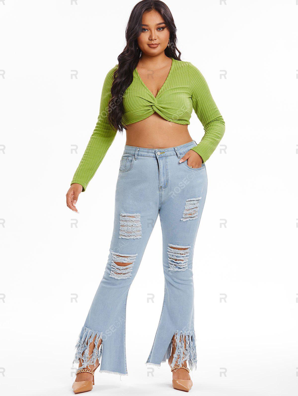 Plus Size & Curve Distressed Fringed Bell Bottom Jeans