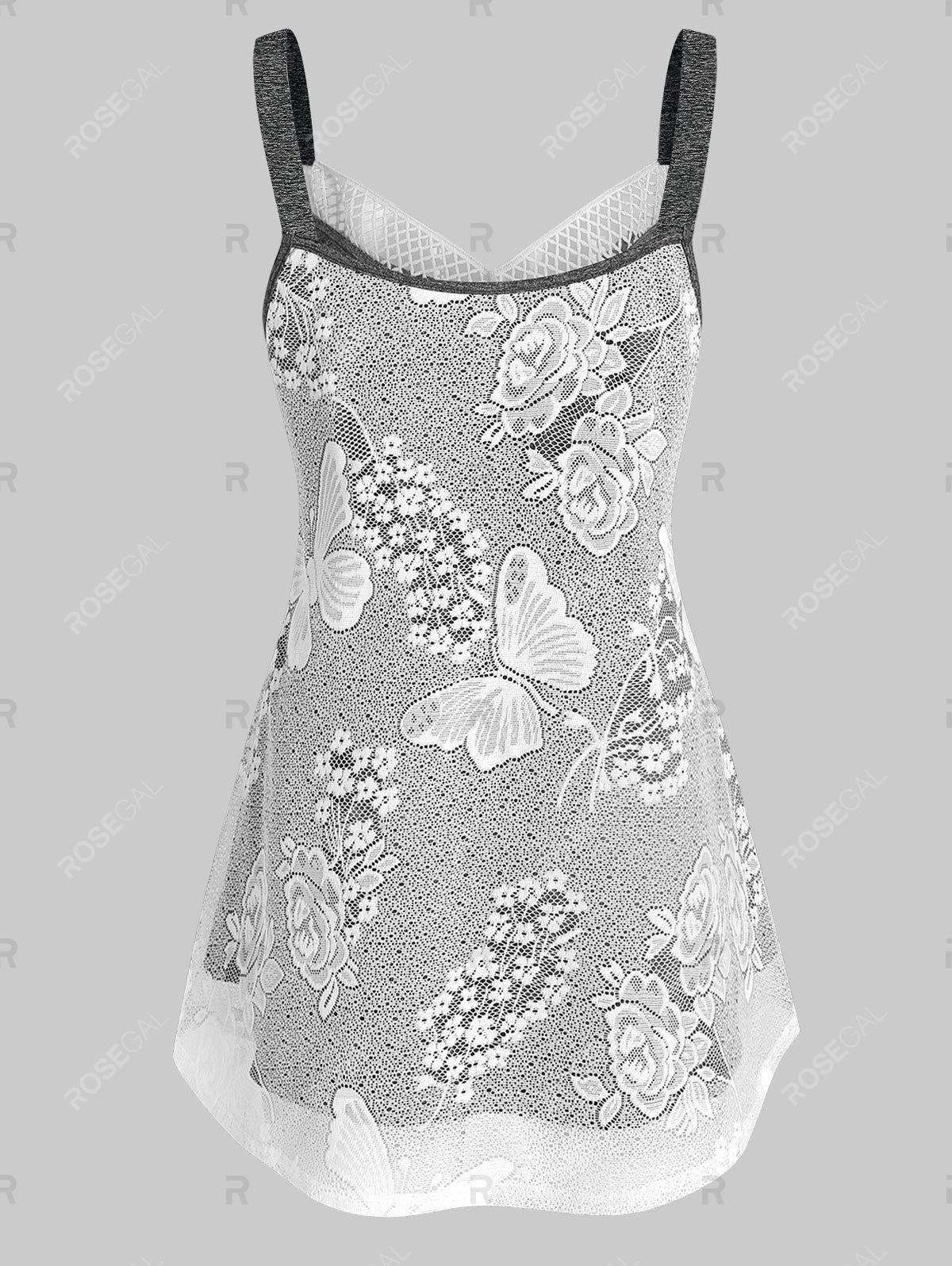 Plus Size Lace Butterfly Flower Round Hem Tank Top