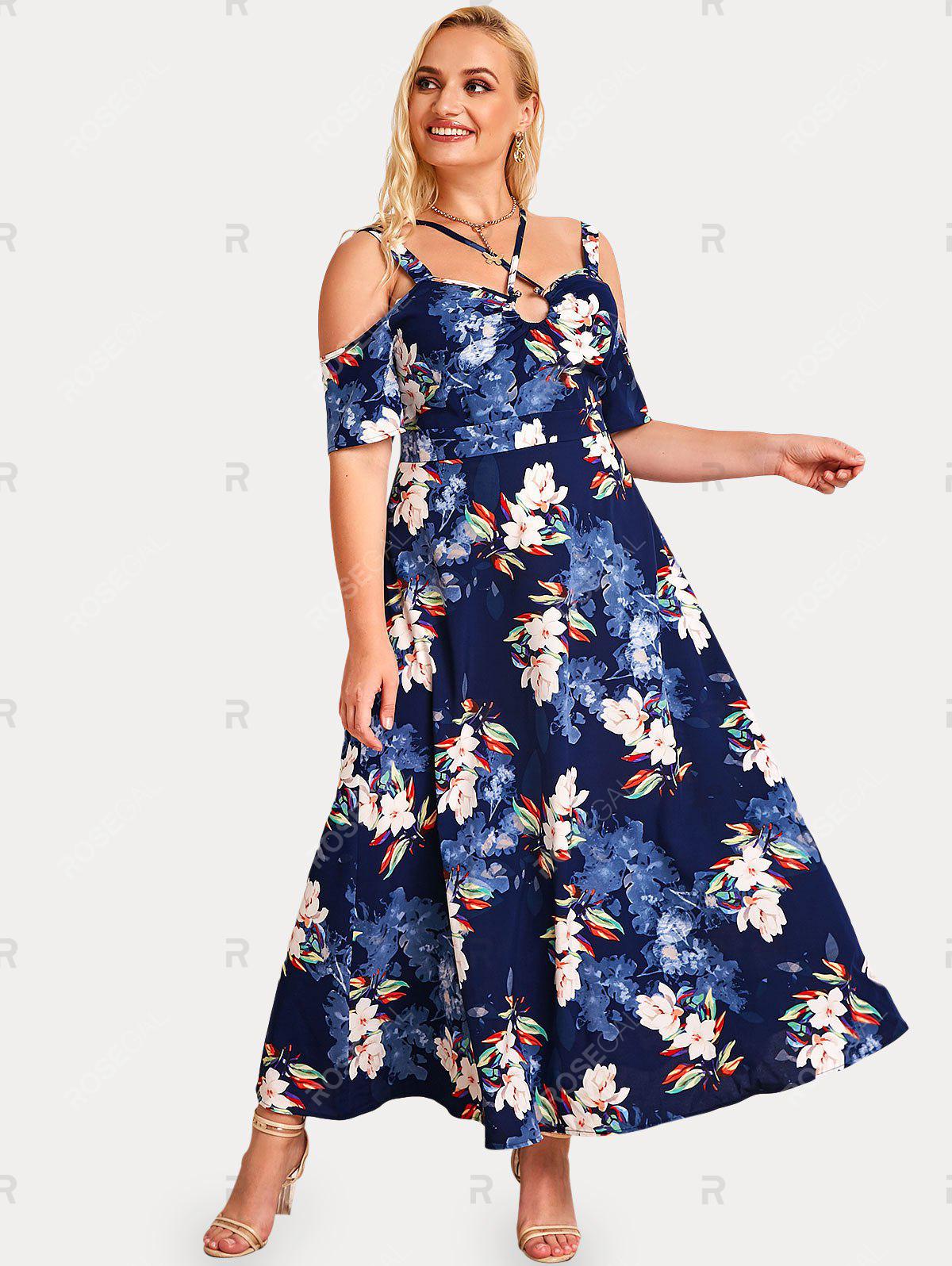 Plus Size & Curve Cold Shoulder O Ring Floral Print Maxi Dress