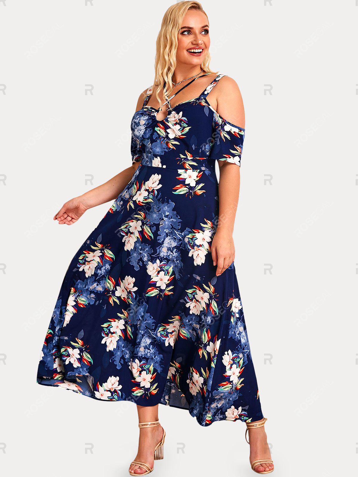 Plus Size & Curve Cold Shoulder O Ring Floral Print Maxi Dress