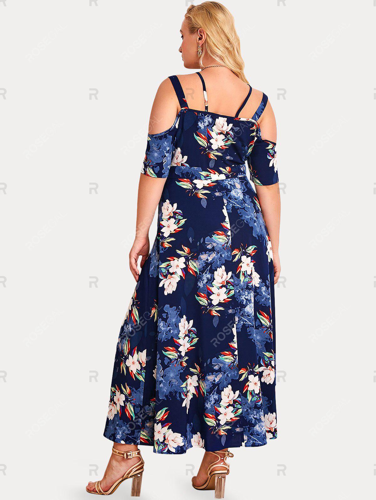 Plus Size & Curve Cold Shoulder O Ring Floral Print Maxi Dress