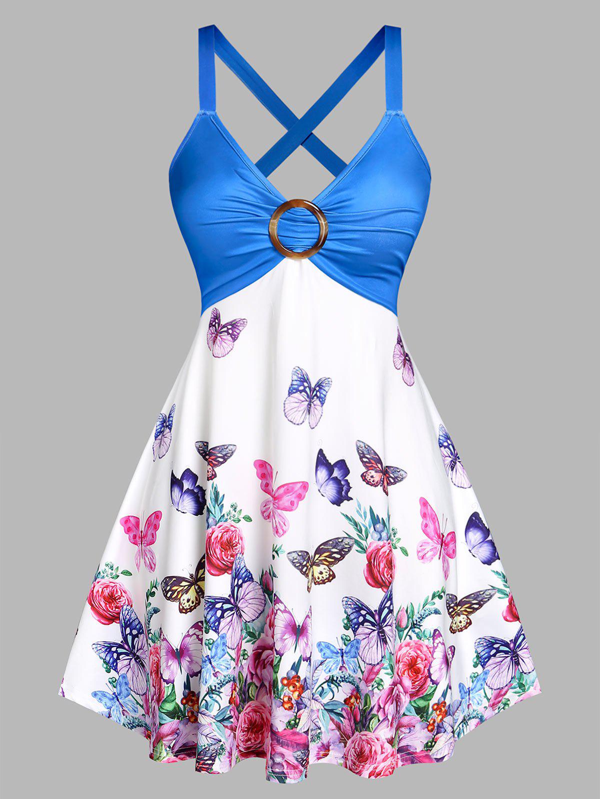 Plus Size & Curve Butterfly Print Crisscross O Ring Cottagecore Dress