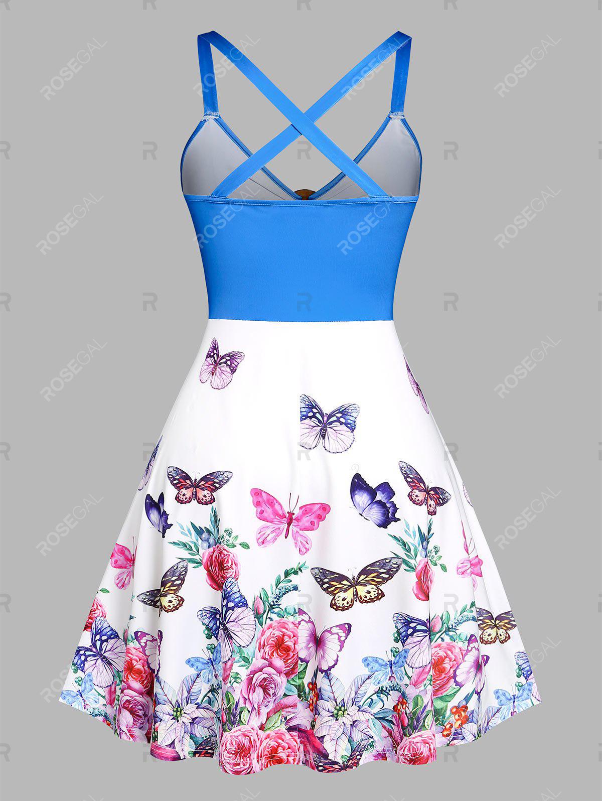 Plus Size & Curve Butterfly Print Crisscross O Ring Cottagecore Dress