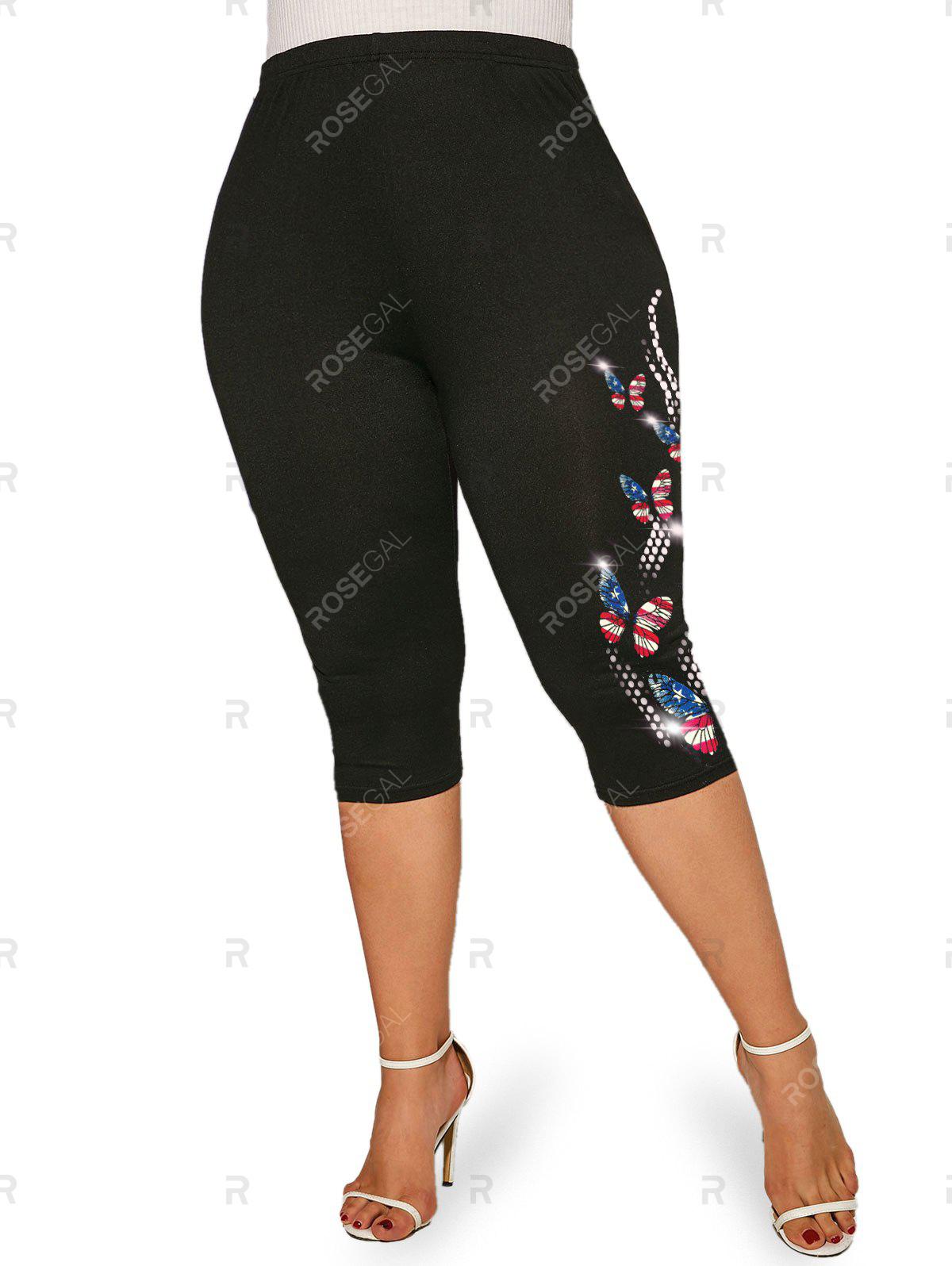 Plus Size & Curve Butterfly American Flag Print Patriotic Capri Leggings