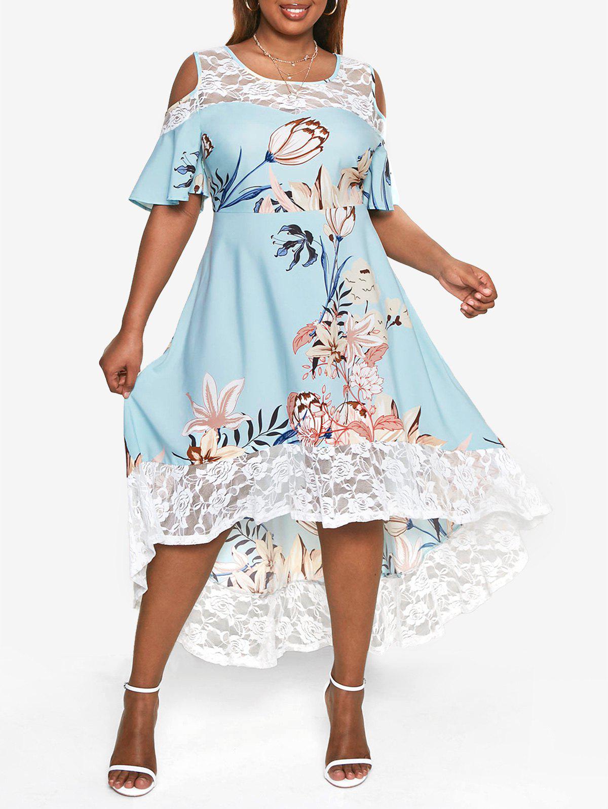 Plus Size Floral Cold Shoulder Lace High Low Midi Dress